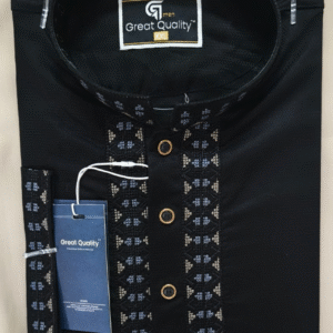 Elite Black Panjabi with Geometric Embroidery – Premium Cotton