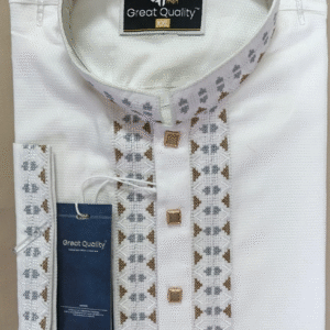 Elite White Panjabi with Golden & Grey Embroidery – Premium Cotton