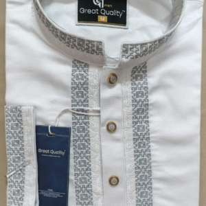 Men's Premium White Punjabi with Grey Embroidery